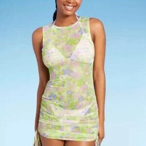 Wild Fable Green Mesh Drawstring Ruched Floral Swim Cover Up Dress